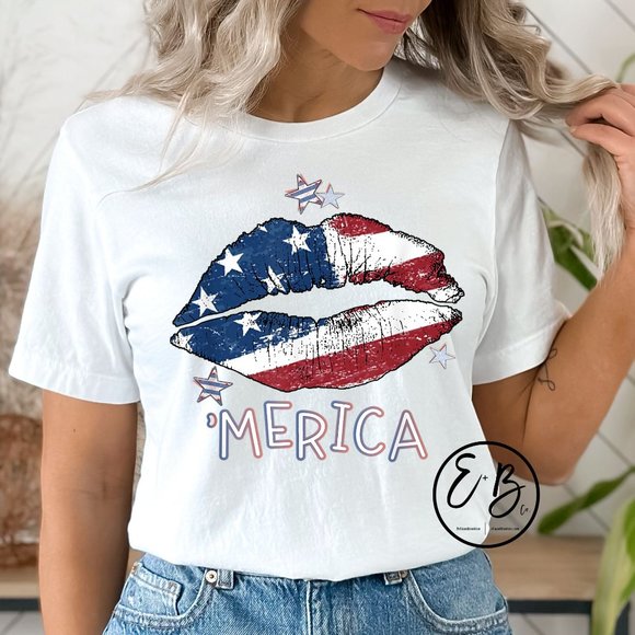Trendy Merica Patriotic Star Lips USA 4th of July Memorial Day Graphic T-shirt - Picture 1 of 5